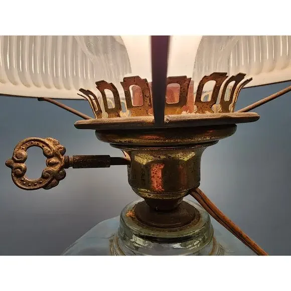 Vintage Electric Oil Lamp w/ Green Ribbed Glass Shade & Brass Burner –20.5" Tall - Picture 7 of 15